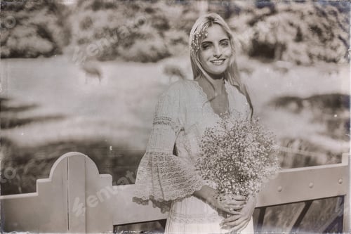 Preview: Vintage Black And White Photo Of Bride Holding White Flowers Leaning Against Wooden Fence In Rural