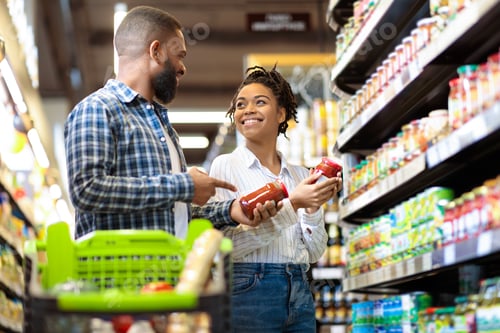 Preview: Black Family Couple Shopping Groceries In Supermarket Buying Food