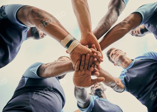 Preview: Diversity, team and men with hands together below in sports for support, motivation or goals outdoo