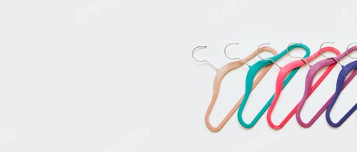 Preview: Sustainable responsible consumption concept. Many bright multi-colored velvet pop color hangers on