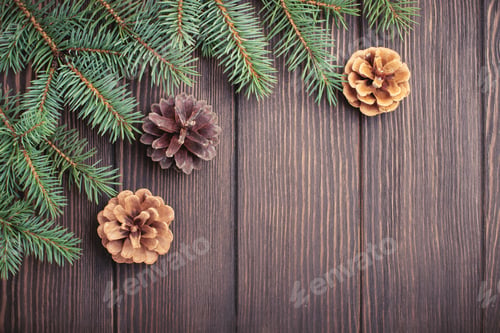 Preview: Christmas or New Year background. Fir-tree branches , Christmas tree toys, stars, snowflake and cone