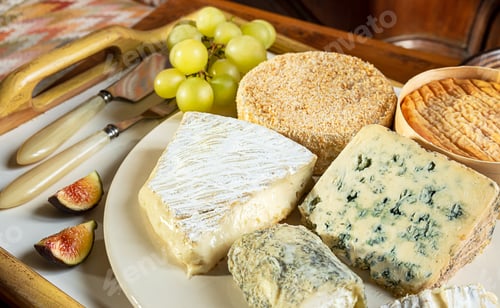 Preview: Assortment of French cheeses with grapes and figs
