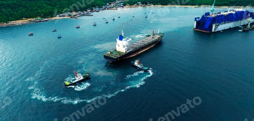 Preview: Tug boat drag pull cargo container ship from dry dock concept maintenance service working in the sea
