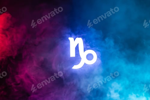 Preview: blue illuminated Capricorn zodiac sign with colorful smoke on background