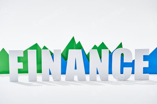 Preview: green and blue statistic graphs behind finance inscription on white background
