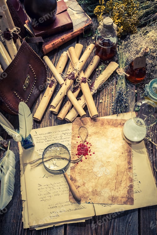 Preview: Top view of magical witcher labolatory with scrolls and recipe