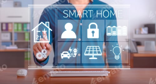 Preview: Modern technology for the smart home. Man using the control panel of his smart home.