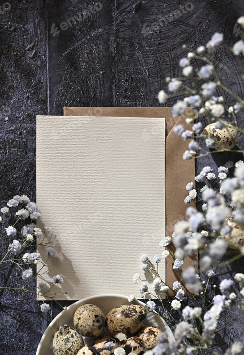 Preview: Create an Easter composition of Easter quail eggs and flowers on a white wooden background.