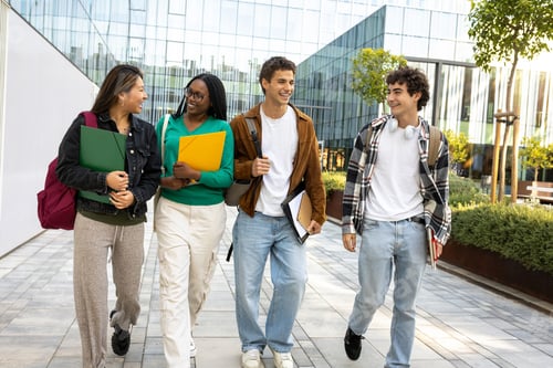 Preview: Multiracial university students walking to class together laughing. Young people in college campus.