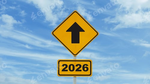 Preview: Yellow road sign arrow direction to new year 2026 on blue sky, concept. New year