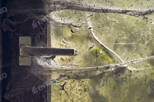 Preview: Closeup shot of a door knob covered in cobweb in a old abandoned building