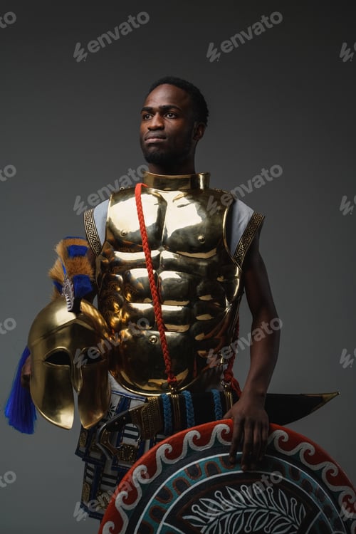 Preview: Black warrior with shield and helmet against grey background