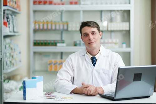 Preview: Male pharmacist working in modern pharmacy using laptop.