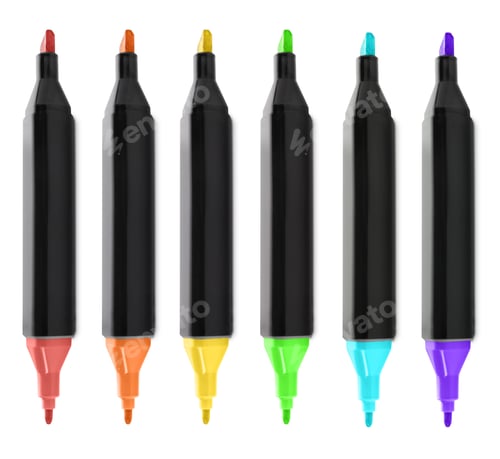 Preview: Color double sided markers on white background, set. Top view