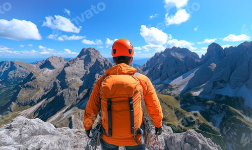 Preview: Mountaineer standing on the hill with mountains and a cloudy sky in the background