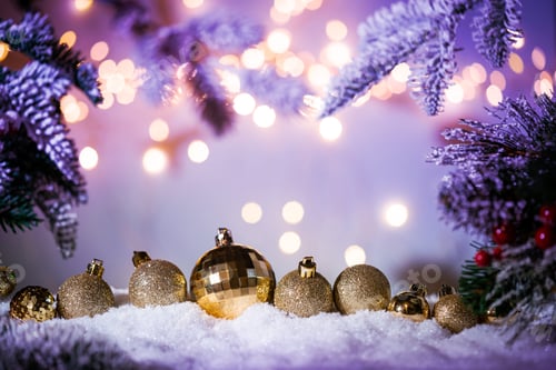 Preview: Christmas Ornaments and Lights on Snowy Surface