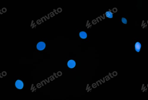 Preview: Bokeh, blue dots and lights on black background with pattern, texture and mockup with cosmic aesthe