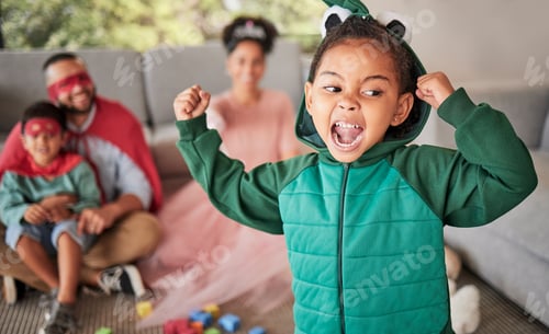 Preview: Child, fun and dress up for Halloween with energetic, brave and strong girl playing dress up wearin