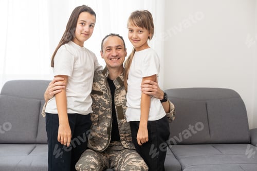 Preview: Little girl with her military father at home