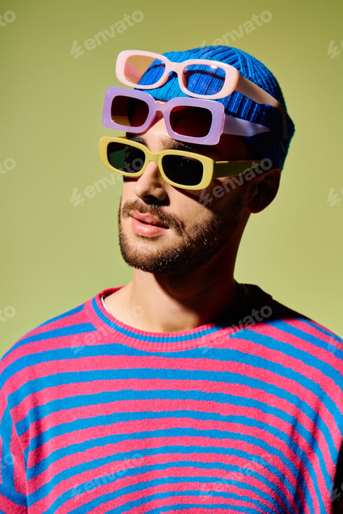 Preview: Stylish young man showcasing vibrant fashion and trendy sunglasses in a studio setting
