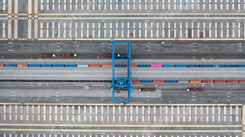 Preview: Aerial view of shipping container rail terminal, Train wagon cargo container for shipping.