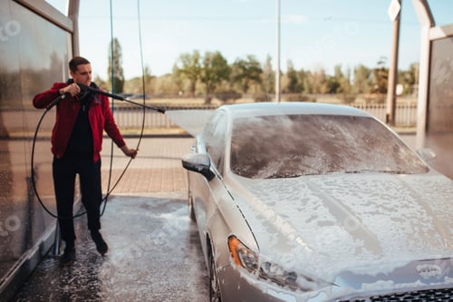 Preview: a man washes a car with a pistol at a self-service car wash