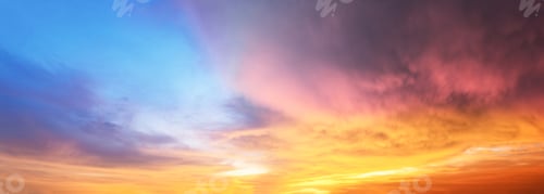 Preview: Panoramic beautiful Cloun golden hour twilight sky. Beautiful sky nature background.