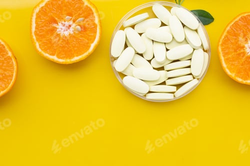 Preview: Vitamin C pills with fresh orange citrus fruit isolated on white background.
