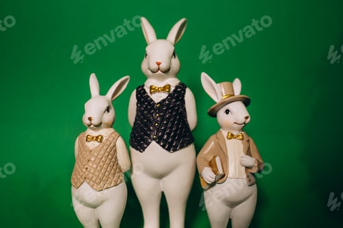 Preview: a soft toy in the form of a rabbit sits on a branch of a Christmas tree with colorful lights