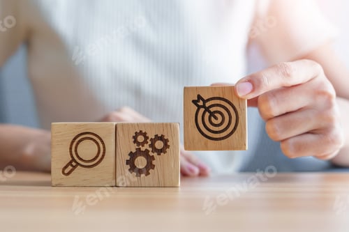 Preview: Woman hand holding dartboard, Gear and Lightbulb icon block