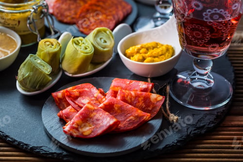 Preview: Assortment of tapas and antipasti on black background