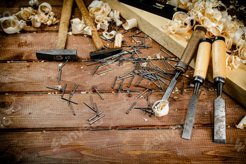 Preview: Working tool. Chisel, hammer and nails.