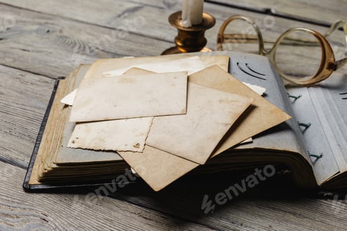 Preview: Old postcards and notebook placed on a wooden table with a candle and glasses nearby