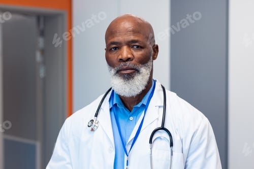 Preview: Portrait of serious african american senior male doctor in hospital corridor
