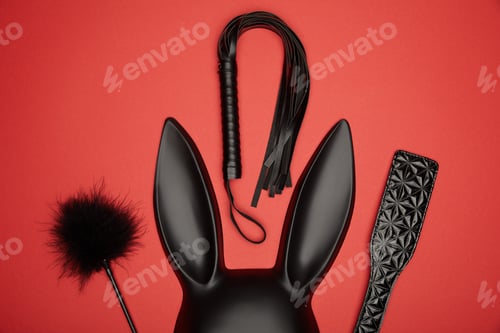 Preview: top view of black rabbit mask, paddle, feather tickler and flogging whip isolated on red