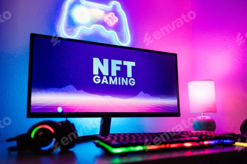 Preview: Gamer room display NFT gaming on marketplace platform for metaverse video game - Crypto tech