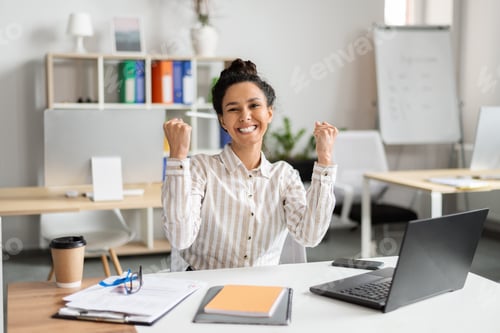 Preview: Business luck. Overjoyed female entrepreneur using laptop and shaking fists in joy, celebrating