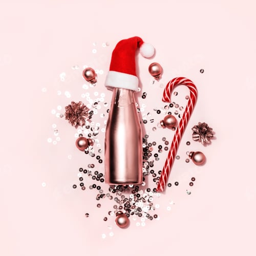 Preview: Monochrome Christmas greeting card. Golden champagne in Santa hat, candy cane and sparkles