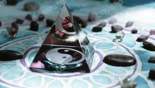 Preview: Closeup of a transparent pyramid on the Yin and yang symbol on the table with rocks on it