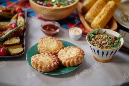 Preview: Traditional Kwanzaa Feast Displaying Savory Pies and Fresh Vegetable Salad
