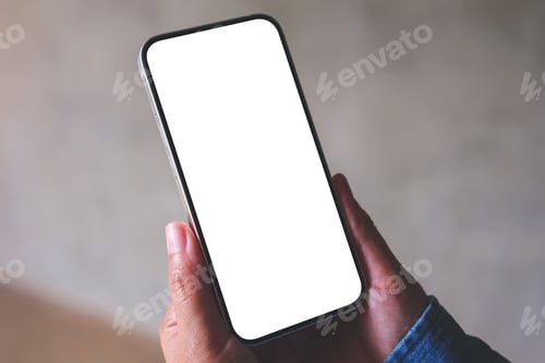 Preview: Mockup image of a woman holding mobile phone with blank desktop screen