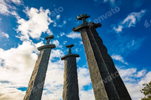 Preview: Mollebukta bay with Swords in Rock monument, Battle of Hafrsfjord Stavanger Rogaland Norway