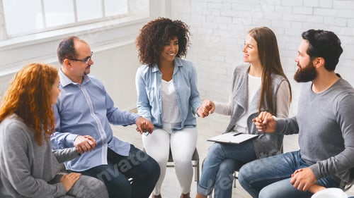 Preview: Young multi-cultural group of people holding hands during therapy session