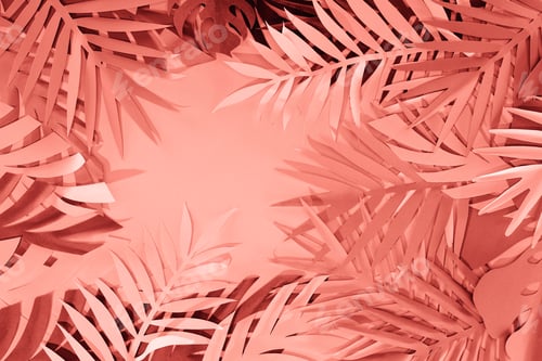 Preview: frame of coral tropical paper cut palm leaves, minimalistic background with copy space