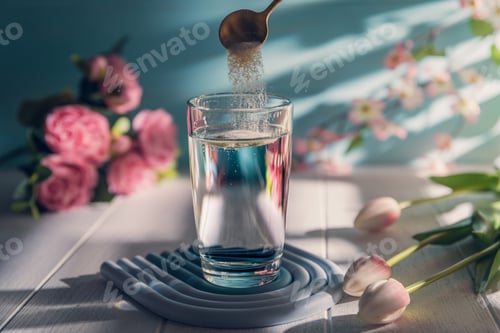 Preview: Collagen powder is add to glass of water with a spoon