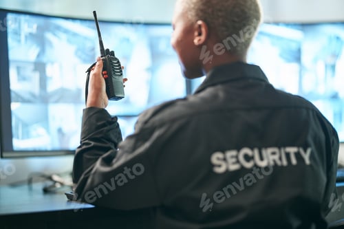 Preview: Back, security and radio surveillance with a woman officer in a control to monitor criminal activit