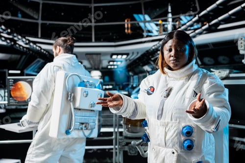 Preview: Female astronaut filming herself doing personal log entry broadcast