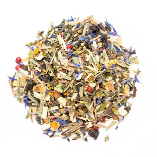 Preview: Herbal tea on a white background. Top view.