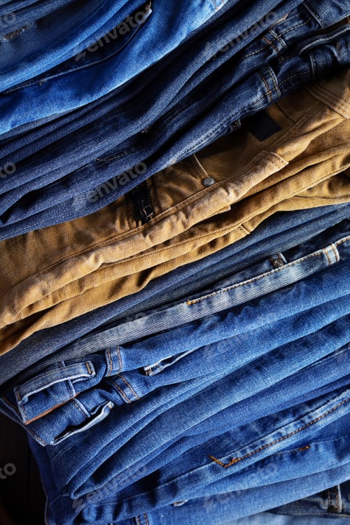Preview: Stack or pile of denim jeans as background texture