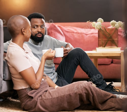 Preview: Coffee, love and valentines day with a black couple sitting on the living room floor together for r